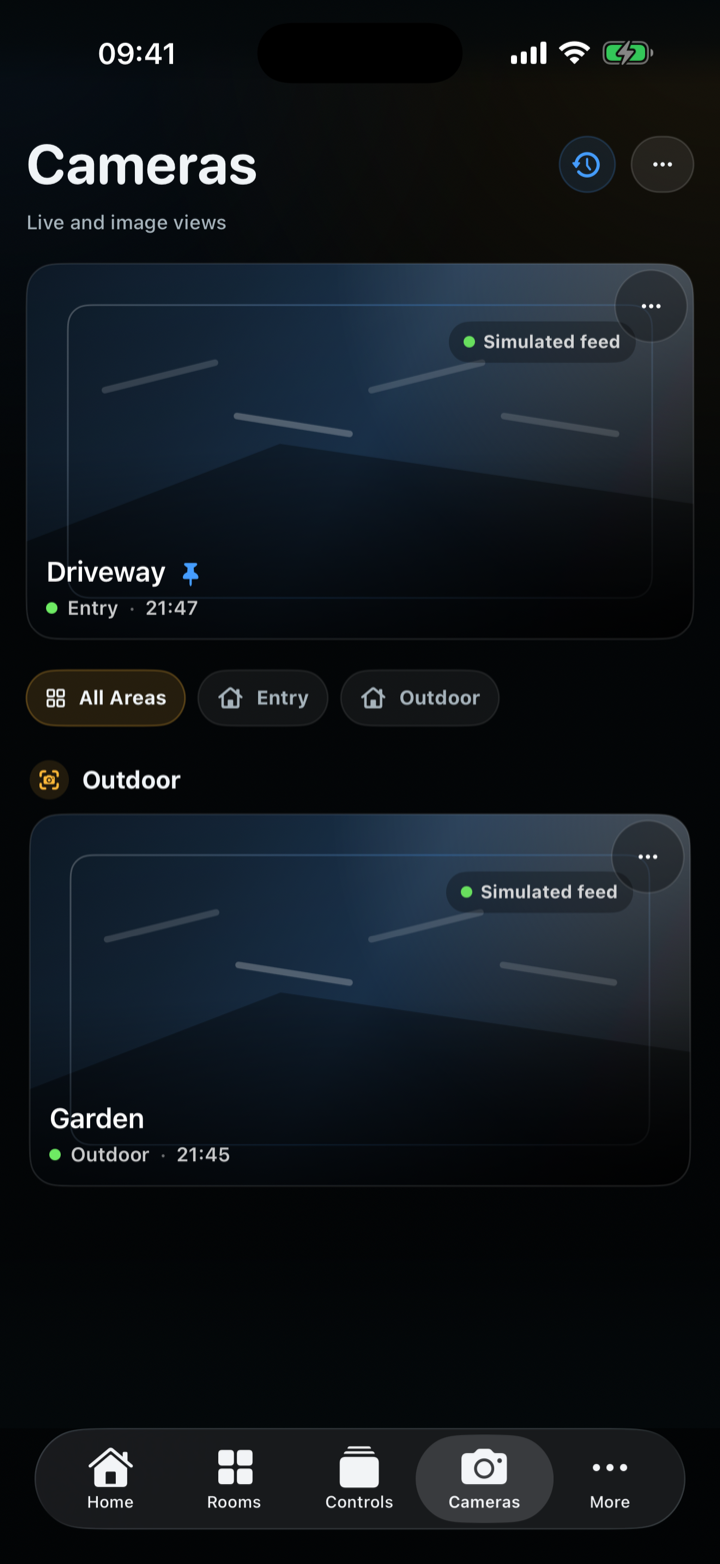 CasaRay Cameras with a featured view and other cameras grouped below, shown in English