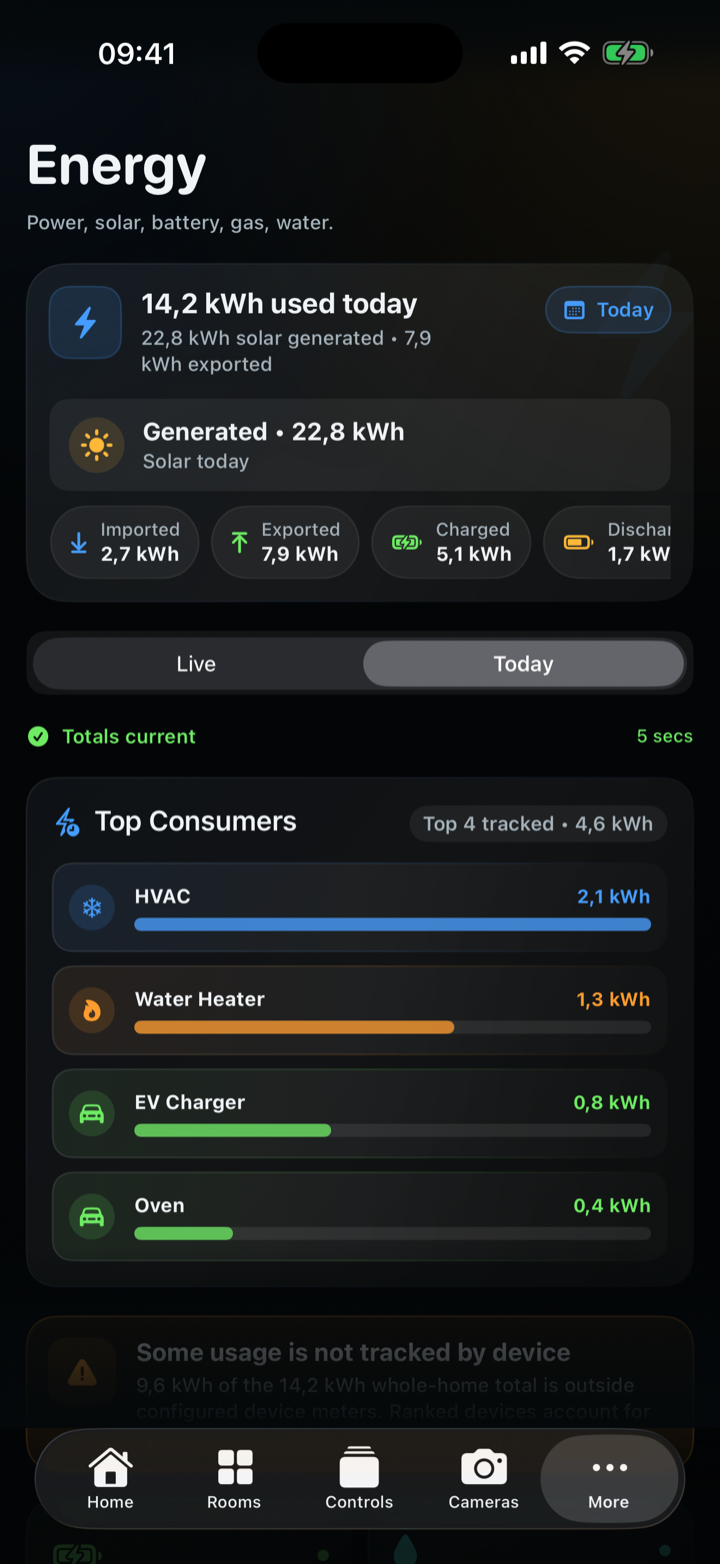 CasaRay Energy showing power flow and leading consumers in a sample home, shown in English