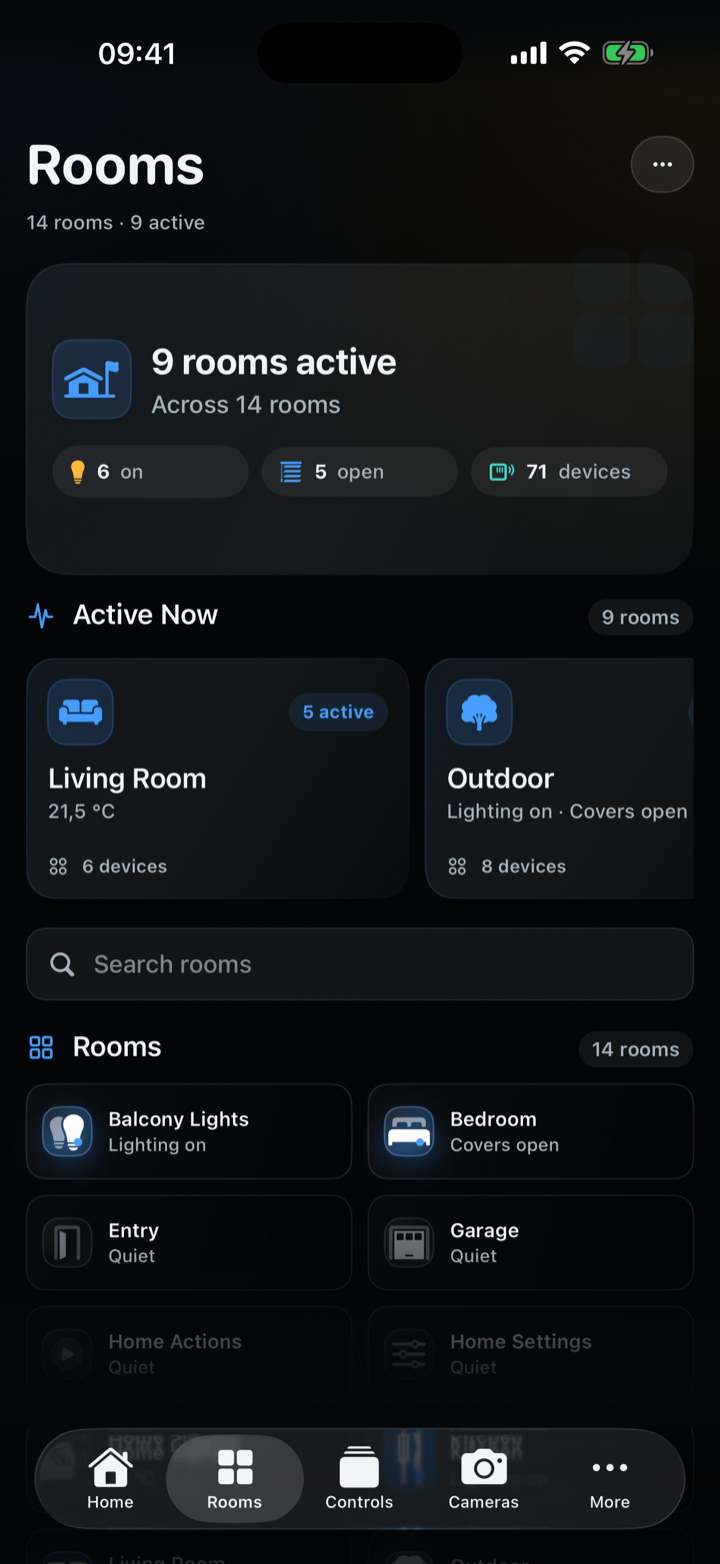 CasaRay Rooms showing active rooms, lights, and open covers in a sample home