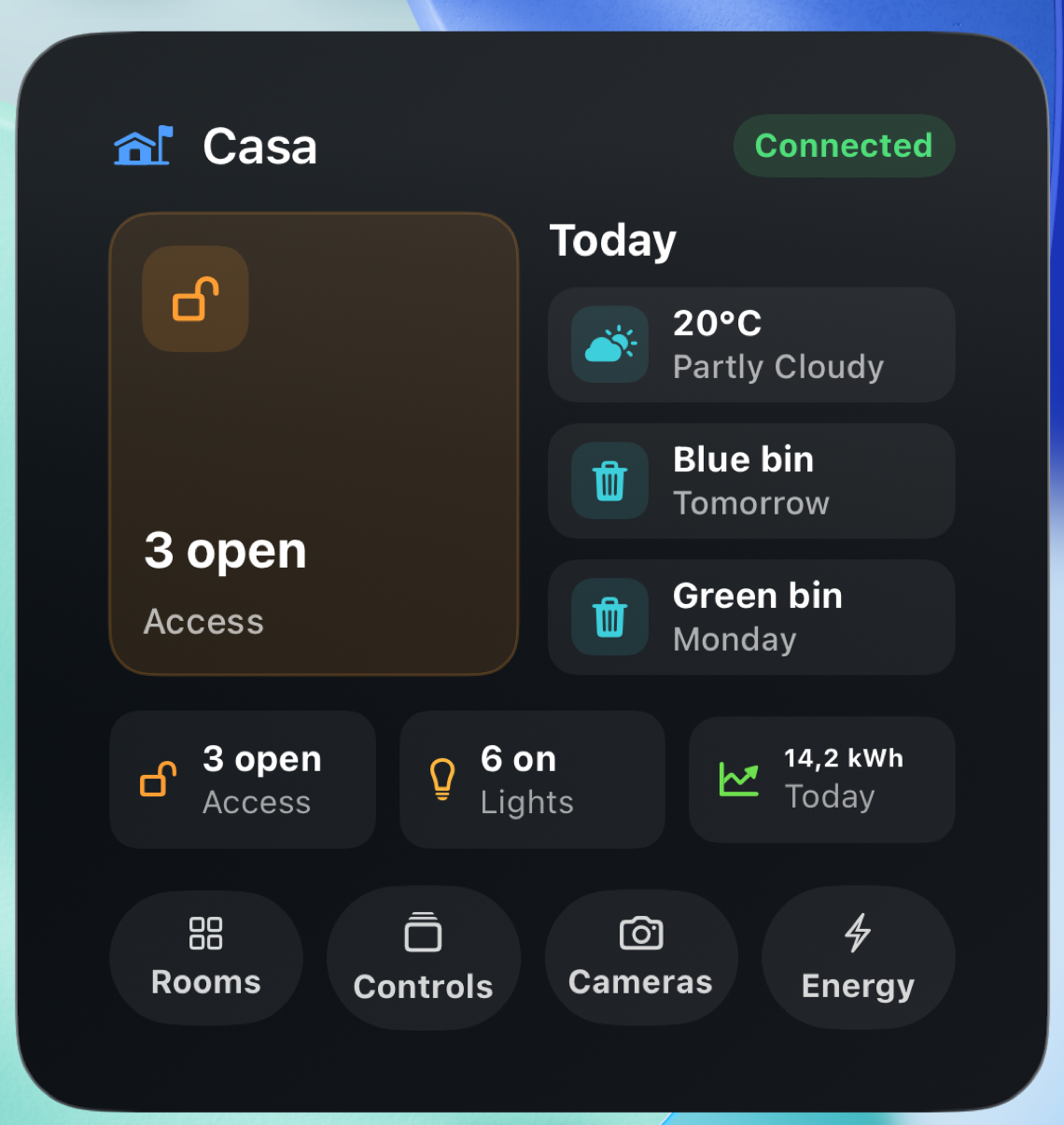 CasaRay House widget with home status, weather, and waste collection, shown in English